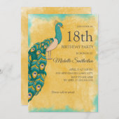 18. Geburtstag Aquamarin Gelbes Wasserfarbenpfau Einladung (Vorne/Hinten)