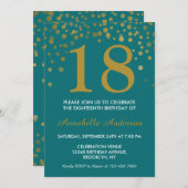 18. Geburtstag Aquamarin Gold Confetti Dot Moderne Einladung (Vorne/Hinten)
