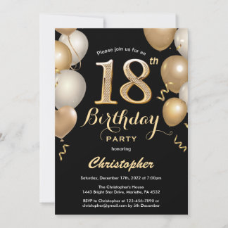 18. Geburtstag Black and Gold Balloons Confetti Einladung