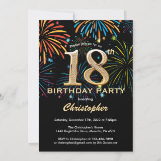 18. Geburtstag Black and Gold Rainbow Fireworks Einladung