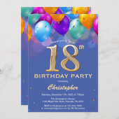 18. Geburtstag Blau und Gold farbige Ballons Einladung (Vorne/Hinten)