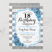18. Geburtstag - Blaue, silberne Streifen Einladung (Vorne/Hinten)
