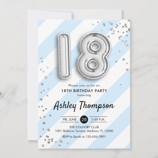18. Geburtstag - Blaue Streifen und Silberballons Einladung (Vorderseite)