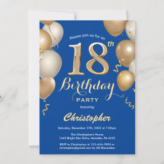 18. Geburtstag Blue and Gold Balloons Confetti Einladung