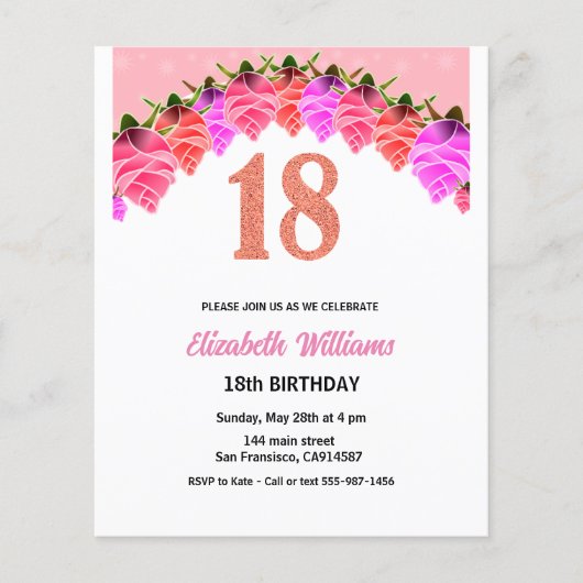 18. Geburtstag Blumenblume Rose Gold Einladung Flyer (Vorne)
