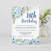 18. Geburtstag Blumennagel Blue Gold Glitzer Dots Einladung (Stehend Vorderseite)