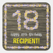 18. Geburtstag: Blumennummer, Imitate Holzbild, Na Quadratischer Aufkleber (Vorderseite)
