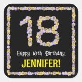 18. Geburtstag: Blumennummer, Individuelle Name, B Quadratischer Aufkleber (Vorderseite)