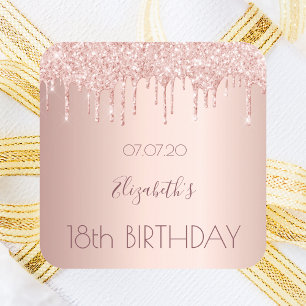 18. Geburtstag blush Rose Gold Glitzer Tropfen Nam Quadratischer Aufkleber
