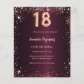 18. Geburtstag burgundische Rose Goldeinladung (Vorderseite)
