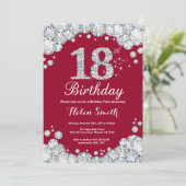 18. Geburtstag Burgundy Red und Silver Diamond Einladung (Stehend Vorderseite)