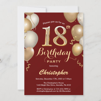 18. Geburtstag Dunkelrot und Gold Balloons Confett Einladung
