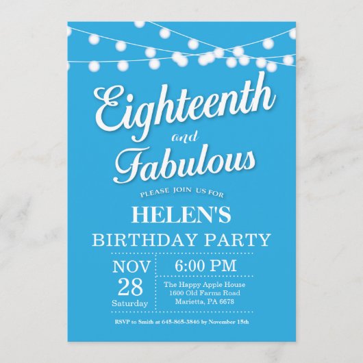 18. Geburtstag Einladung Blue Fabulous (Vorderseite)