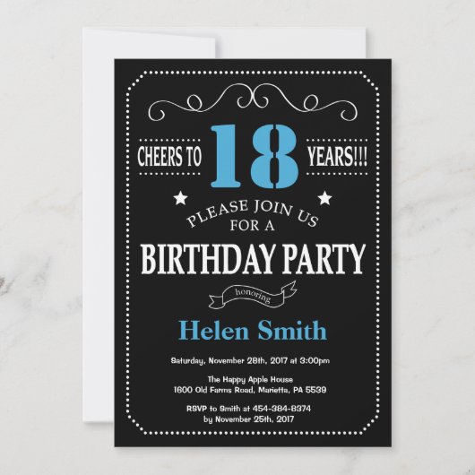 18. Geburtstag Einladung Blue und Black Chalkboard (Vorderseite)