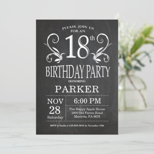 18. Geburtstag Einladung Chalkboard Floral (Stehend Vorderseite)