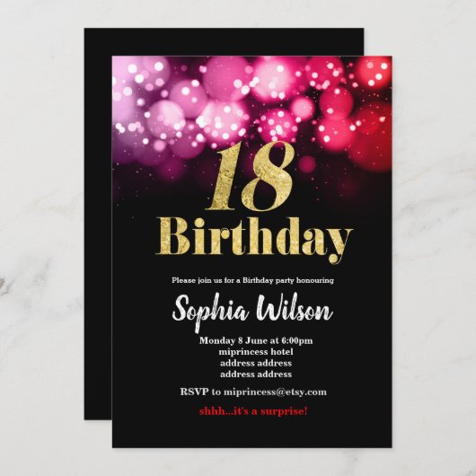 18. Geburtstag Einladung eleganten Glitzer rosa ro (Vorne/Hinten)