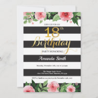 18. Geburtstag Einladung Frauen. Floral Gold Black