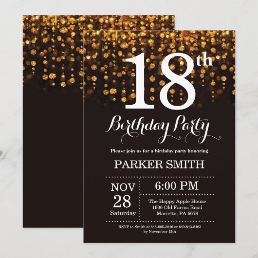 18. Geburtstag Einladung Gold Glitzer (Vorne/Hinten)