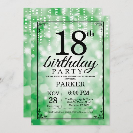 18. Geburtstag Einladung Grüner Glitzer (Vorne/Hinten)