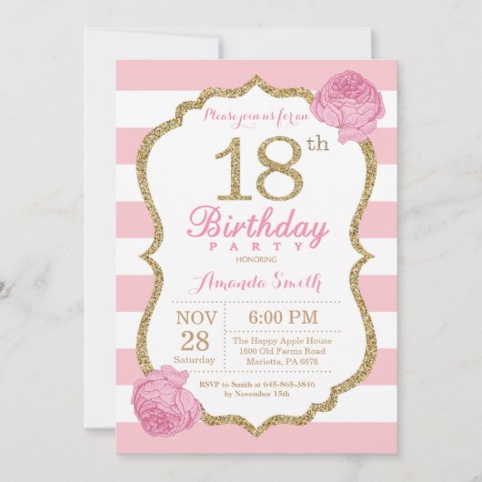 18. Geburtstag Einladung Pink und Gold Floral (Vorderseite)