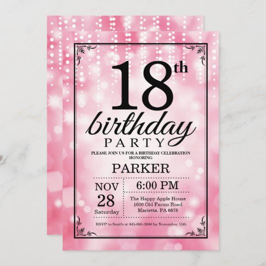 18. Geburtstag Einladung Rosa Glitzer (Vorne/Hinten)