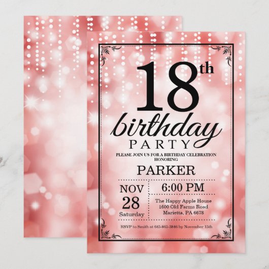 18. Geburtstag Einladung Roter Glitzer (Vorne/Hinten)