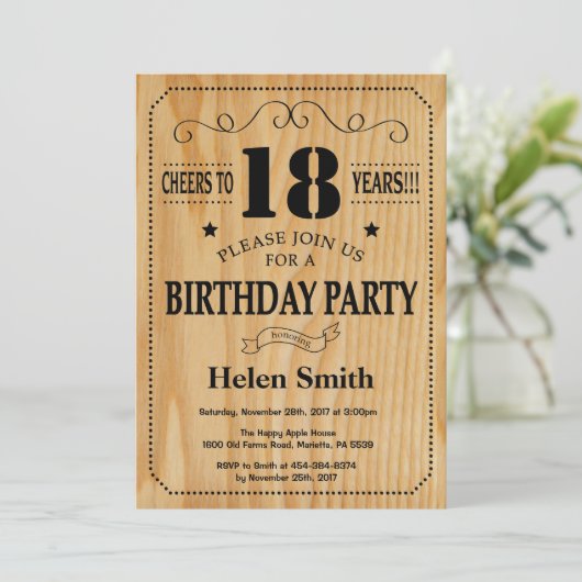 18. Geburtstag Einladung Rustikales Holz (Stehend Vorderseite)