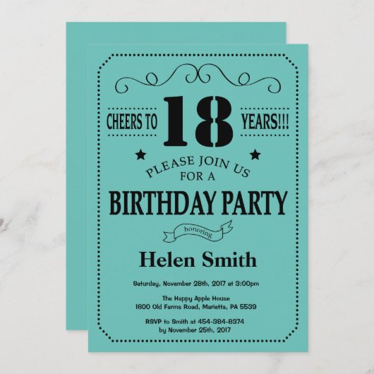18. Geburtstag Einladung Schwarz und Aquamarin (Vorne/Hinten)