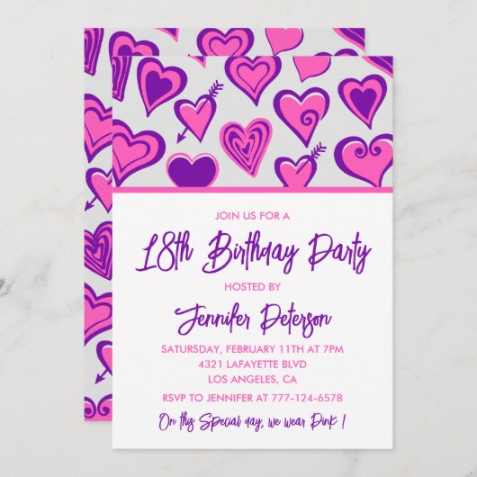 18. Geburtstag Einladungen Glam Pink Herz (Vorne/Hinten)