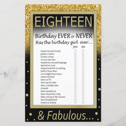 18. Geburtstag Ever or Never Spiel (Vorderseite)