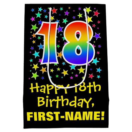 18. Geburtstag: Farbiges Sternenmuster & Regenboge Mittlere Geschenktüte (Rückseite)