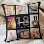 18. Geburtstag Foto Collage Mädchen schwarz Kissen<br><div class="desc">Ein einzigartiges Geschenk für den 18. Geburtstag eines Mädchens, das ihr Leben mit einer Collage von 8 eigenen Fotos, Bildern feiert. Personalisieren und fügen Sie ihren Namen, Alter 18 und ein Datum. Ein schicker schwarzer Hintergrund. Graue und weiße Buchstaben und Zahlen. Der Name ist mit einem modernen handgeschriebenen Stilskript geschrieben....</div>