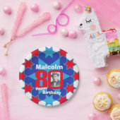 18. Geburtstag Foto Name blaue Sternenpapierplatte Pappteller (Party)