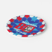 18. Geburtstag Foto Name blaue Sternenpapierplatte Pappteller (Schrägansicht)