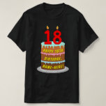 18. Geburtstag — Fun Cake & Candles, w/Individuell T-Shirt<br><div class="desc">Dieses fröhliche und fröhliche Geburtstagsgeschenk-Shirt-Design enthält eine Darstellung eines dreistufigen Geburtstagskuchens im Stil eines Cartoon mit nummerförmigen Kerzen oben, die das Alter "18" zeigen, sowie die Meldung "GLÜCKLICHER 18. BIRTHTAG" und einen anpassbaren Namen. Lustige, personalisierte, blumengeschmückte Shirts wie dieses werden von den Teilnehmern/Gästen bei einer Geburtstagsparty oder Ansammlung getragen, die...</div>