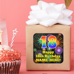 18. Geburtstag: Fun Fireworks Look, Rainbow # 18 Quadratischer Aufkleber