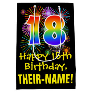 18. Geburtstag: Fun Fireworks Muster + Regenbogen  Mittlere Geschenktüte