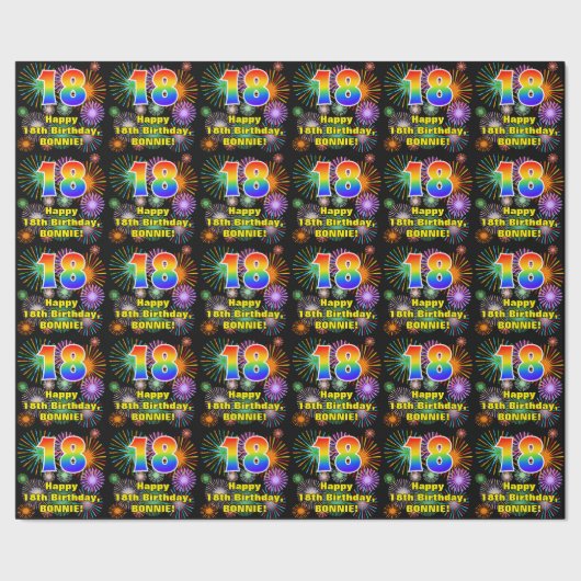18. Geburtstag: Fun Fireworks, Rainbow Look # "18" Geschenkpapier (Saum)