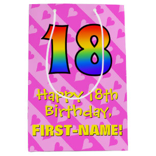 18. Geburtstag: Fun Pink Hearts Streifen; Regenbog Mittlere Geschenktüte