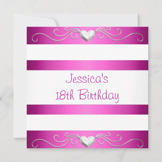 18. Geburtstag Fuschia weiße silberne Metallherzen Einladung (Vorderseite)