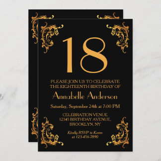 18. Geburtstag Glam Modern Gold Black Vintag Retro Einladung