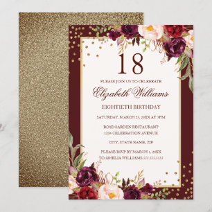 18. Geburtstag Gold Burgund Florale Einladung