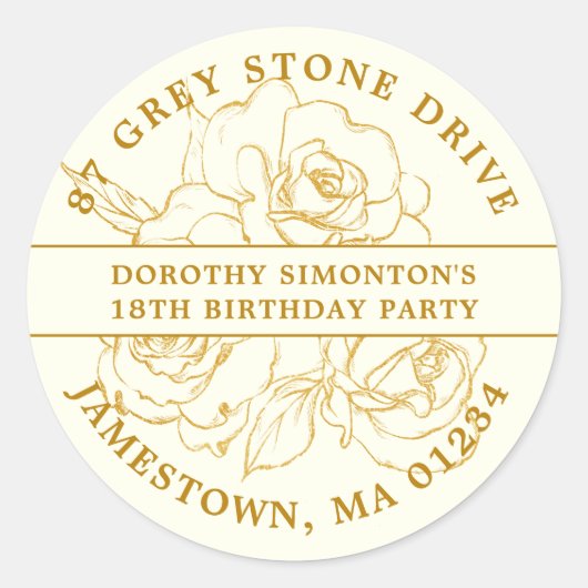 18. Geburtstag Gold Rose Rücksendeadresse Etikett Runder Aufkleber (Vorderseite)
