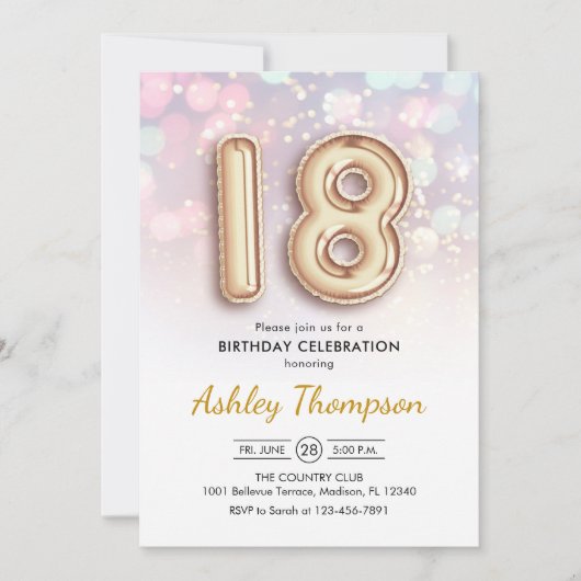 18. Geburtstag - Goldene Löwen Rosa Lichter Einladung (Vorderseite)