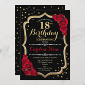 18. Geburtstag - Goldschwarze Rote Rosen Einladung (Vorne/Hinten)