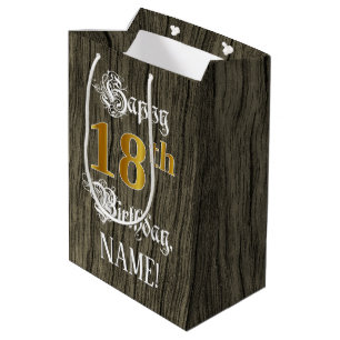 18. Geburtstag: Imitate Gold Look & Imitate Holzmu Mittlere Geschenktüte