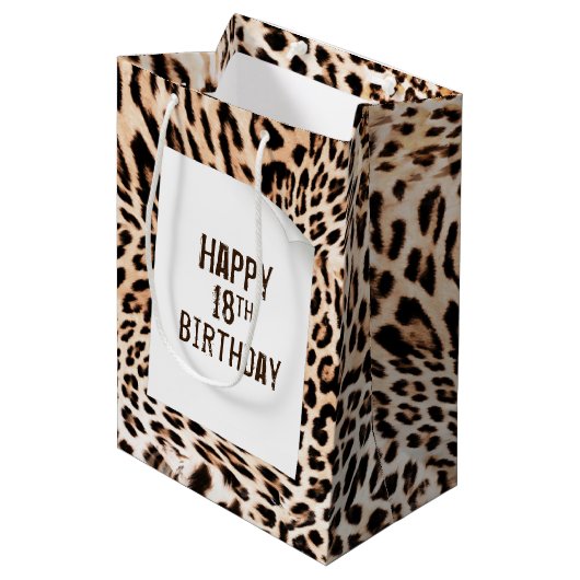 18. Geburtstag Leopard Pelz Print Mittlere Geschenktüte (Vorderseite Schrägansicht)