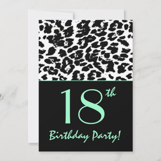 18. Geburtstag Leopard Print Schwarz-weiß Aqua Einladung (Vorderseite)