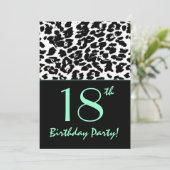 18. Geburtstag Leopard Print Schwarz-weiß Aqua Einladung (Stehend Vorderseite)