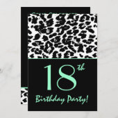 18. Geburtstag Leopard Print Schwarz-weiß Aqua Einladung (Vorne/Hinten)